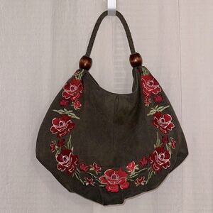 ASOS Forever New Camo Green Canvas Red Burgundy Pink Floral Embroidered Hobo Bag